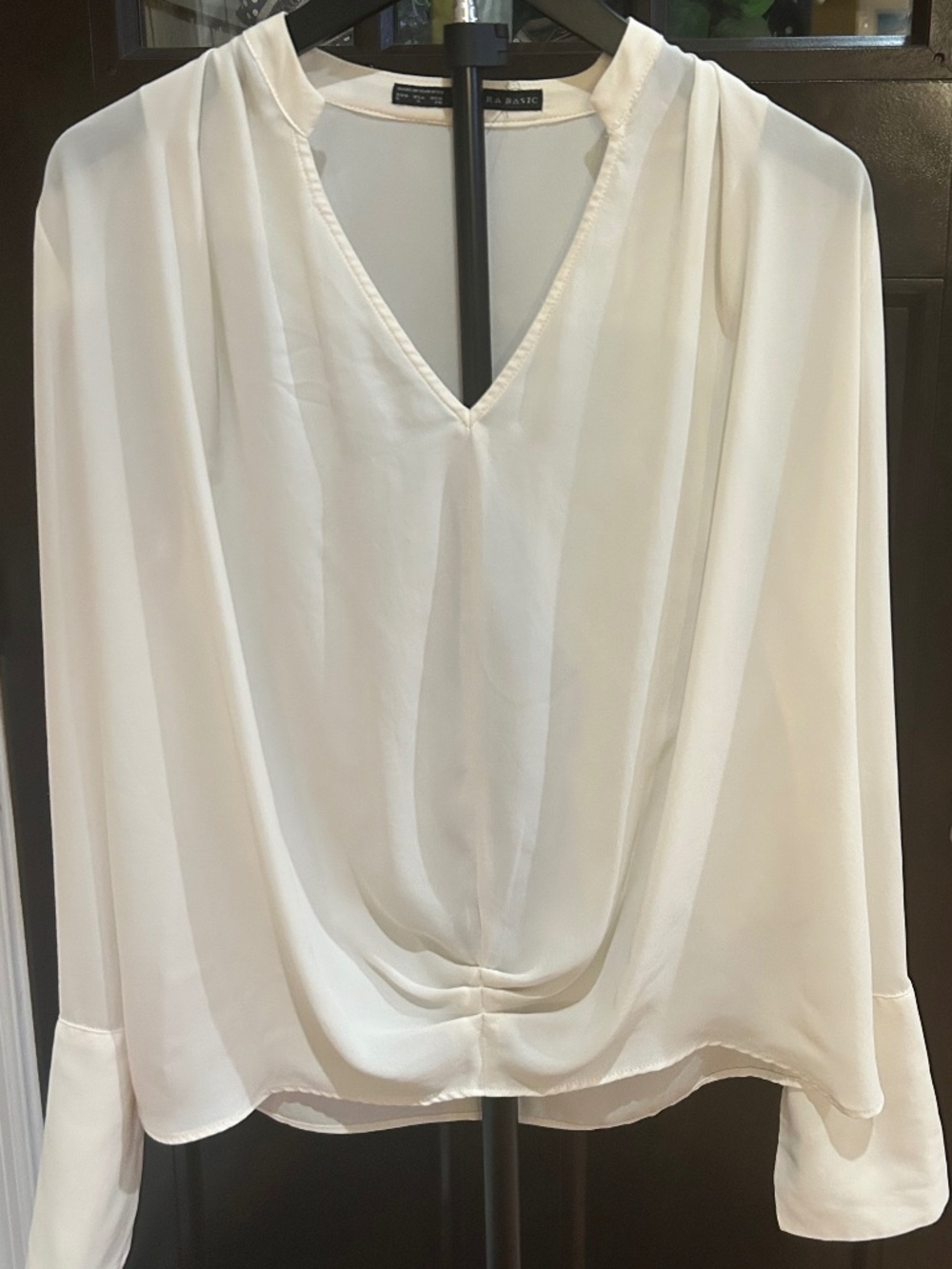 Zara Basic Ivory Draped Front Semi-Sheer Blouse Small